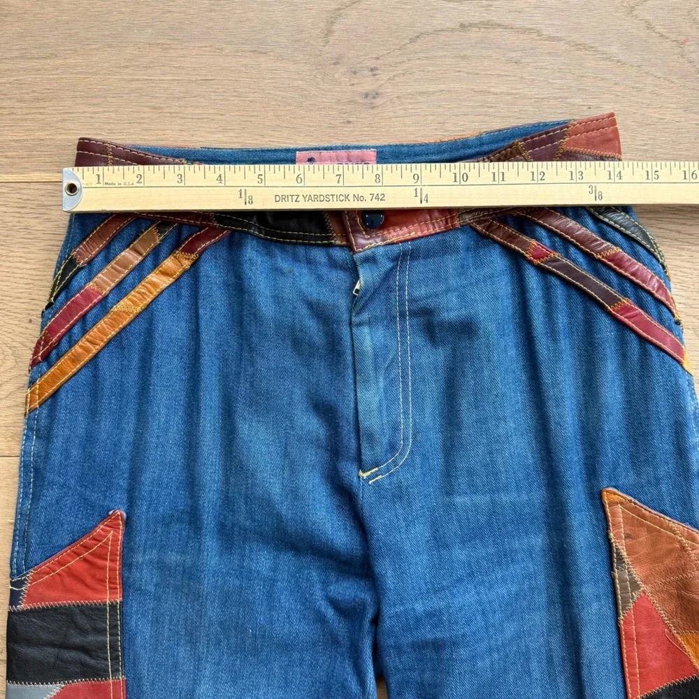 Vintage 70s Aura Denim Leather Patchwork 2 Piece Set Vest Flare Pants M 13/14 - Picture 8 of 12